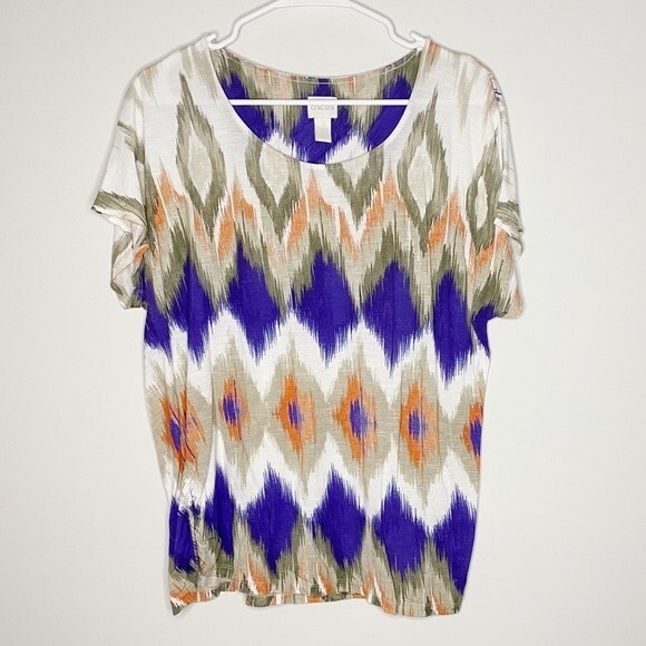 Chicos Aztec Ruched Sides Stretch Boho Soft Blouse Shirt Size 2 (L) - Picture 1 of 9